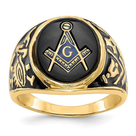 14k Yellow Gold Genuine Men's Black Enamel & Oval Onyx Masonic Ring